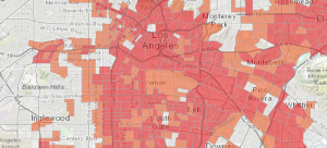 CalEnviroScreen map of the LA area, showing highly impacted neighborhoods like Vernon. Chronic corporate polluter Exide is located in Vernon.